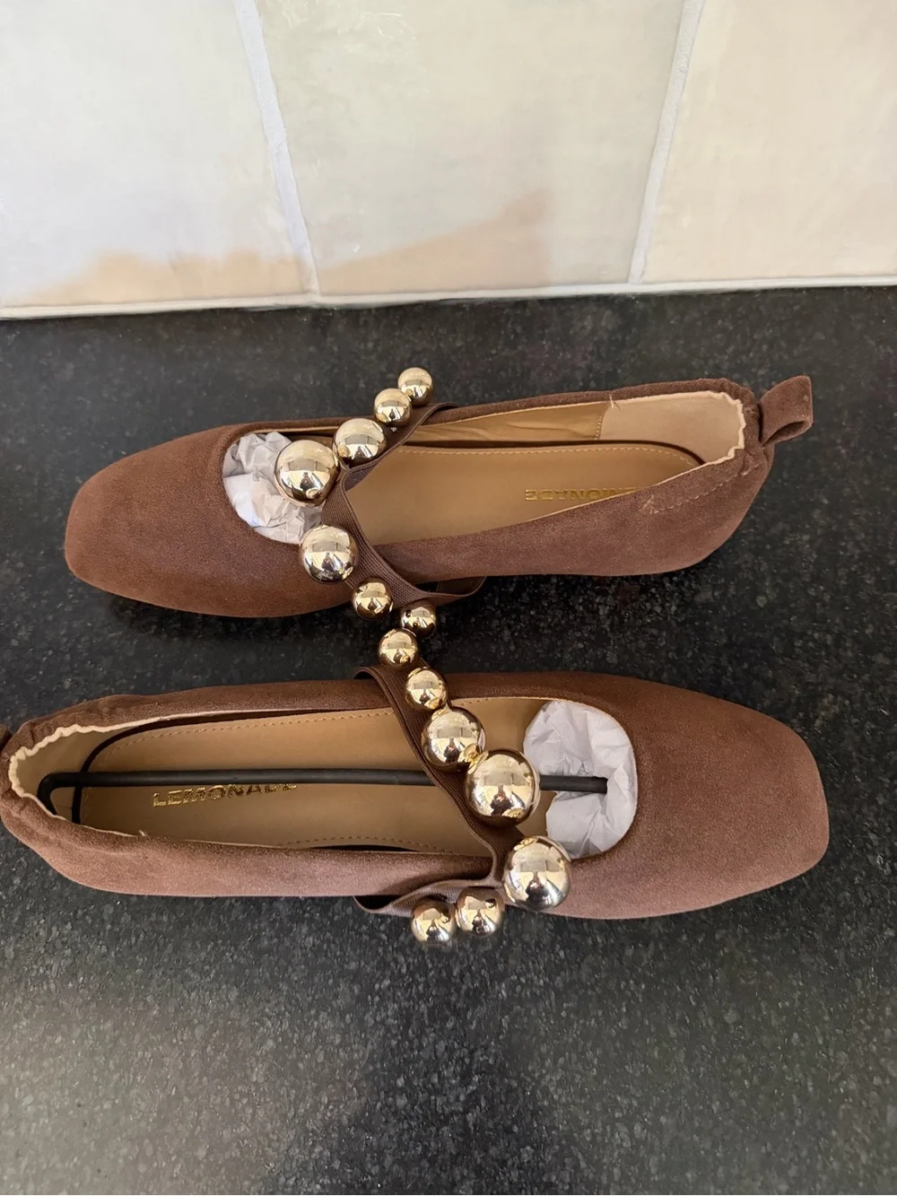 Womens Brown Suede Loafers with Gold Stud Detail